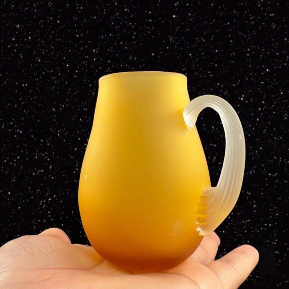 Hand Blown Art Glass Pitcher Creamer Amber Yellow Frosted W Clear Swirl Handle - Picture 4 of 12